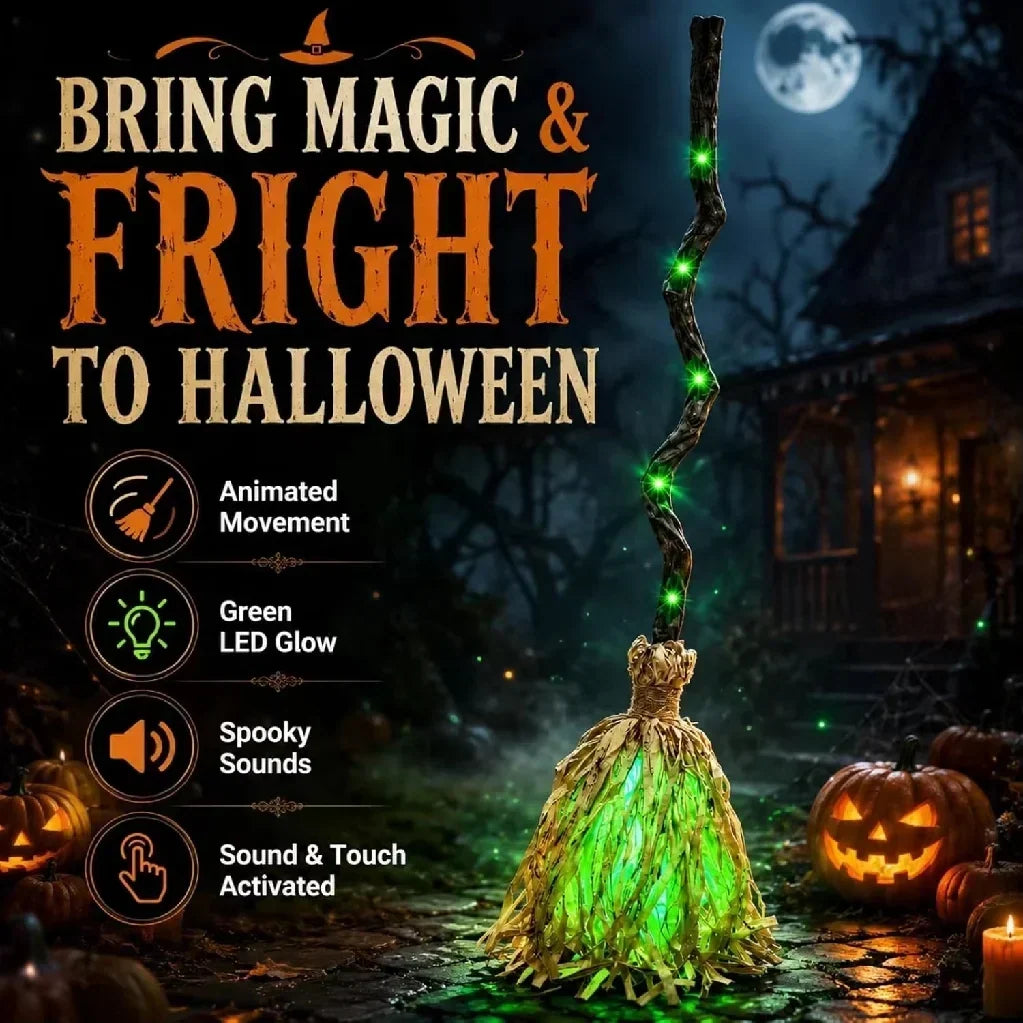 Animated Witch Broom Halloween Prop with Glow, Sound and Bouncing