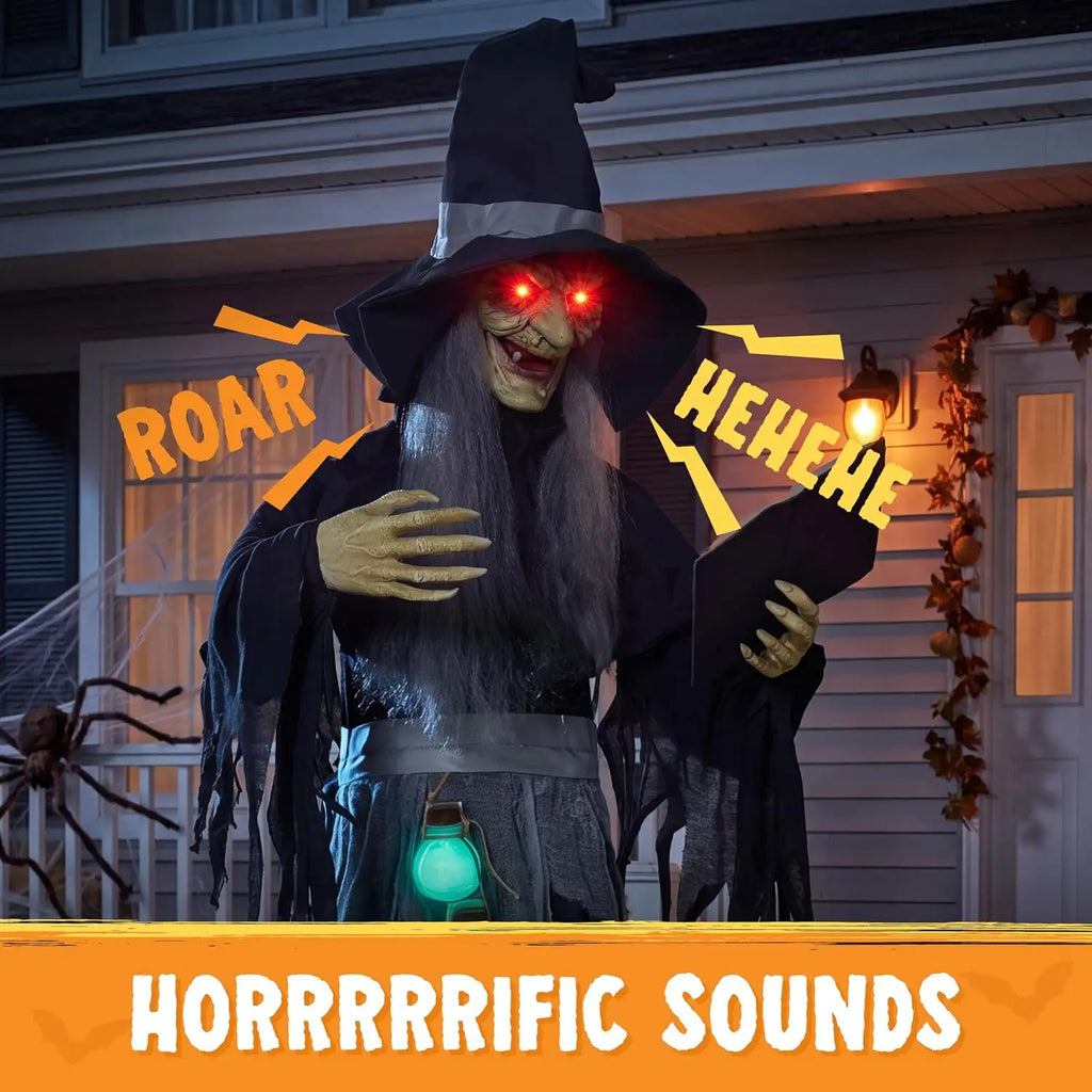 72 Inch Animated Witch with Spellbook Halloween Prop, Red Eyes