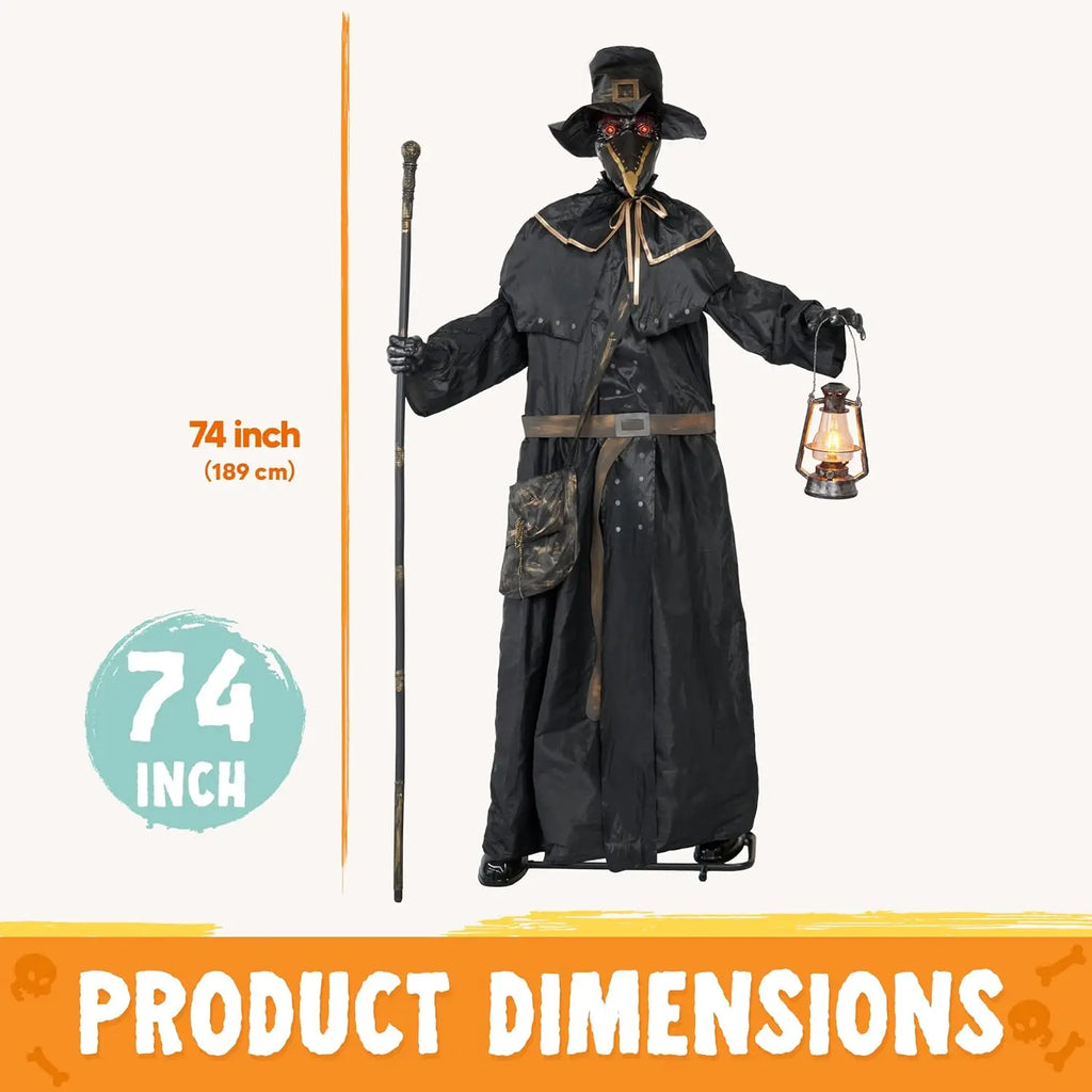 74.8 Inch Animatronic Plague Doctor Halloween Prop with LED Lantern
