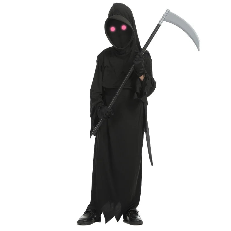 Kids Grim Reaper Halloween Costume with Red Eyes, Robe and Scythe