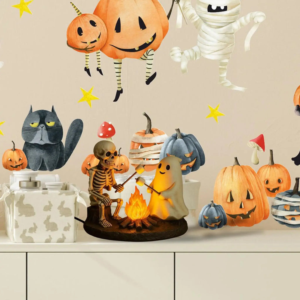 Skeleton and Ghost Campfire Night Light, Halloween Resin Lamp