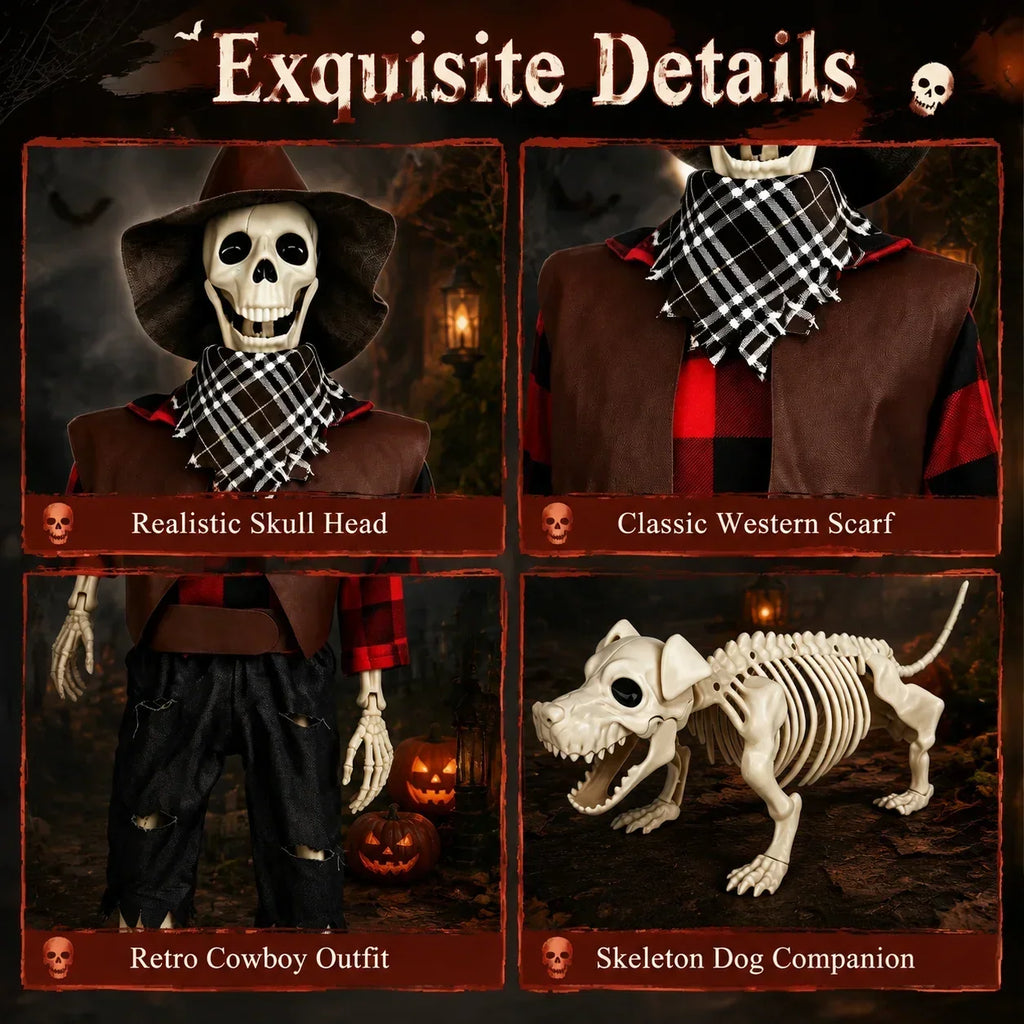 36 Inch Posable Cowboy Skeleton and Dog Halloween Decoration Set