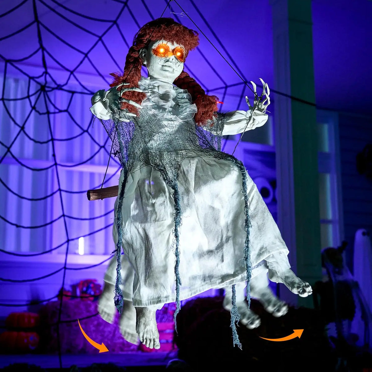 Animated Hanging Swing Girl Halloween Prop with Light-Up Eyes