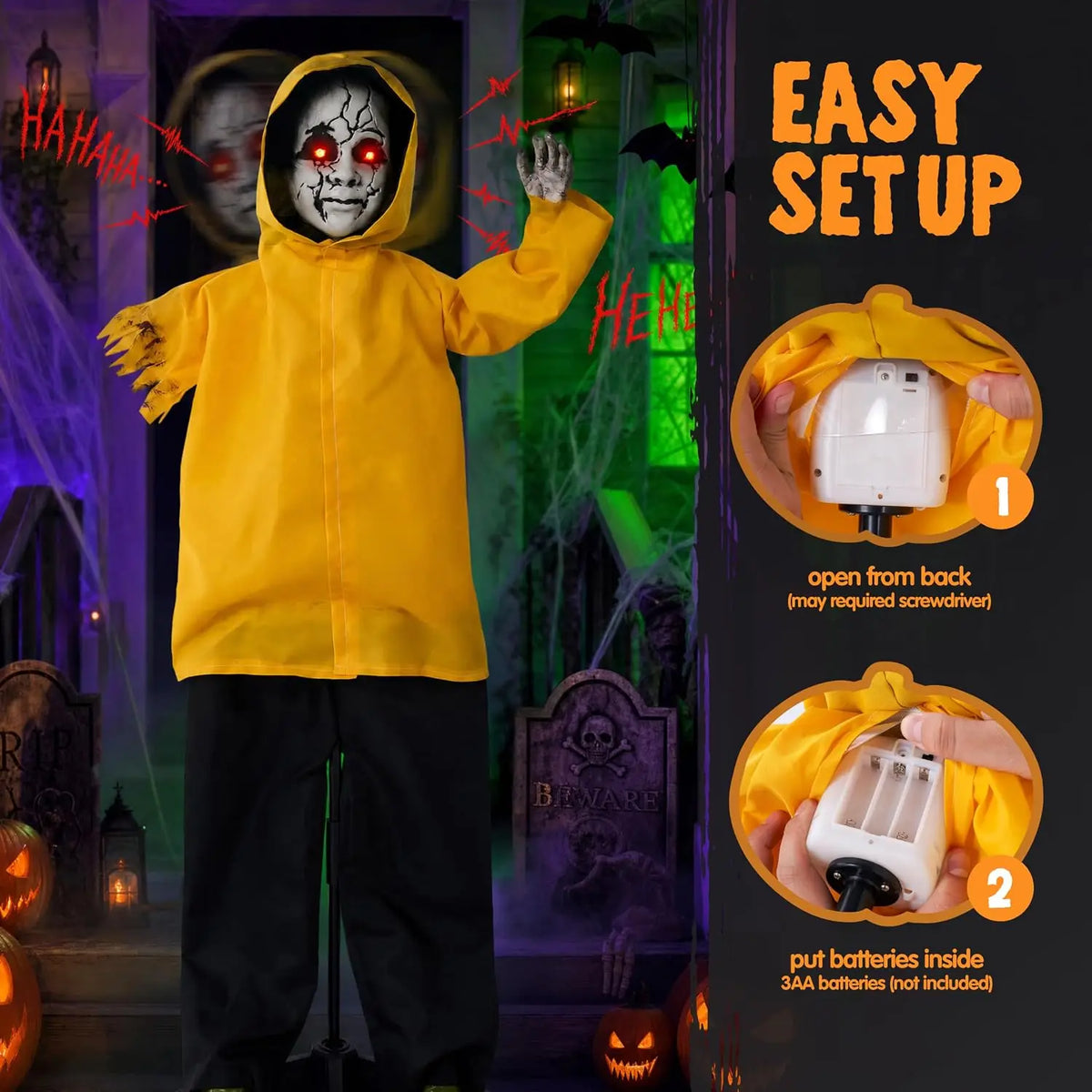 49 Inch Animatronic Raincoat Boy Halloween Prop with Glowing Eyes