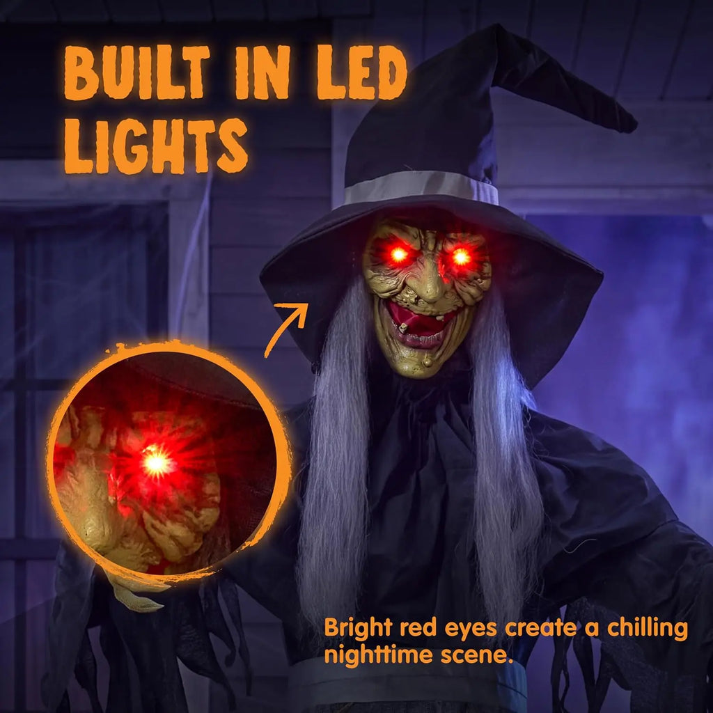 72 Inch Animated Witch with Spellbook Halloween Prop, Red Eyes