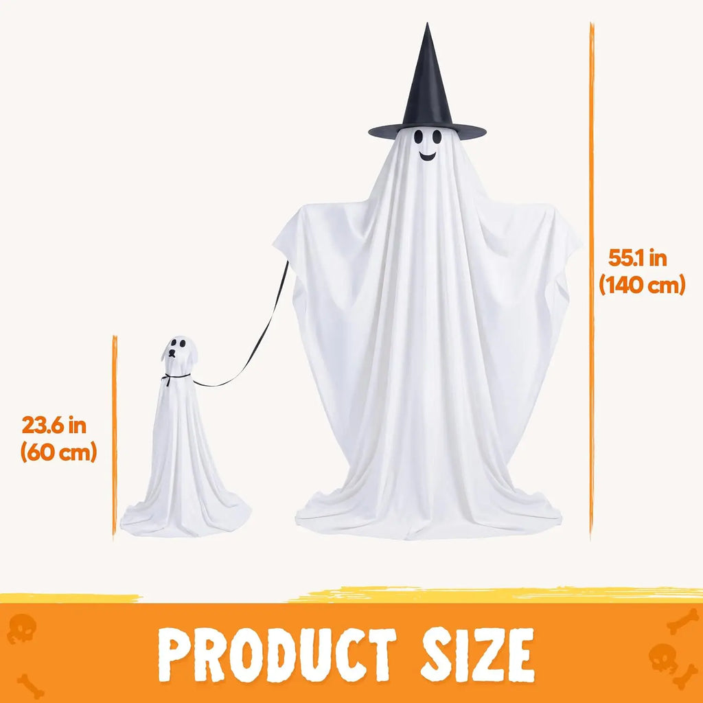 55 Inch Halloween Ghost and Ghost Dog Set with Warm LED Lights