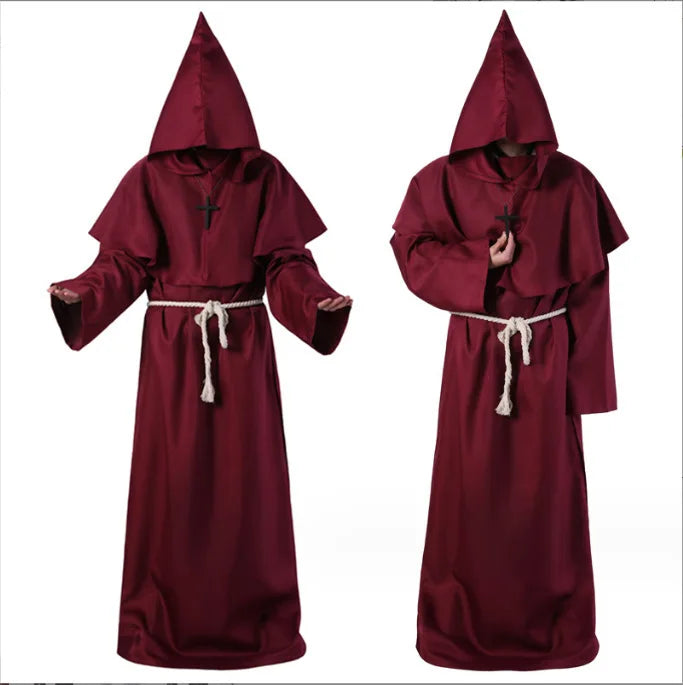 Hooded Monk Friar Robe Costume with Rope Belt, Unisex Adult