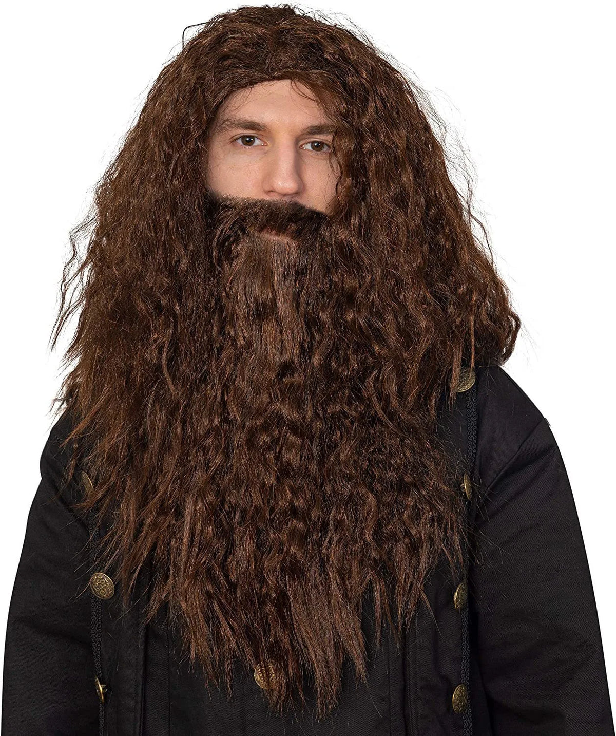 Brown Fluffy Small Roll Synthetic Wig Adult Wizard Cosplay Synthetic Wig with Beard Anime Party Festival Accessory