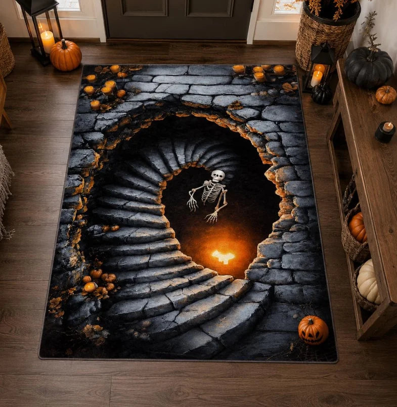 Skeleton Trap Halloween Rug with 3D Hole Illusion, Gothic Floor Mat