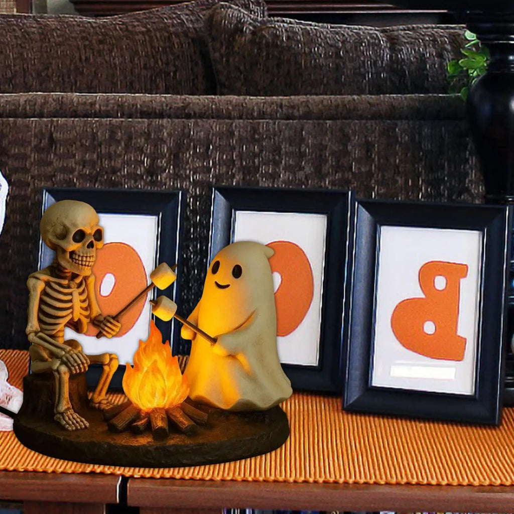 Skeleton and Ghost Campfire Night Light, Halloween Resin Lamp