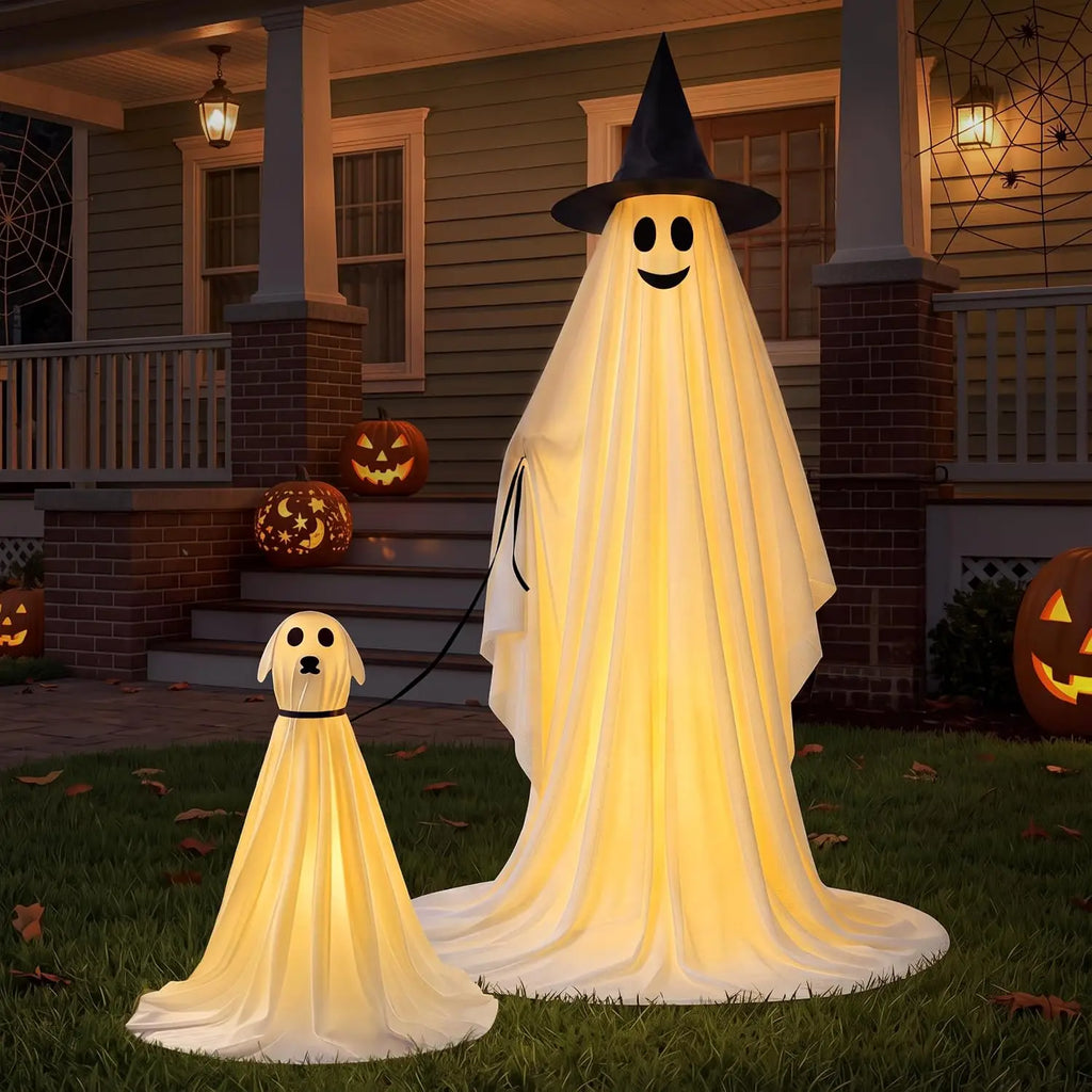 55 Inch Halloween Ghost and Ghost Dog Set with Warm LED Lights
