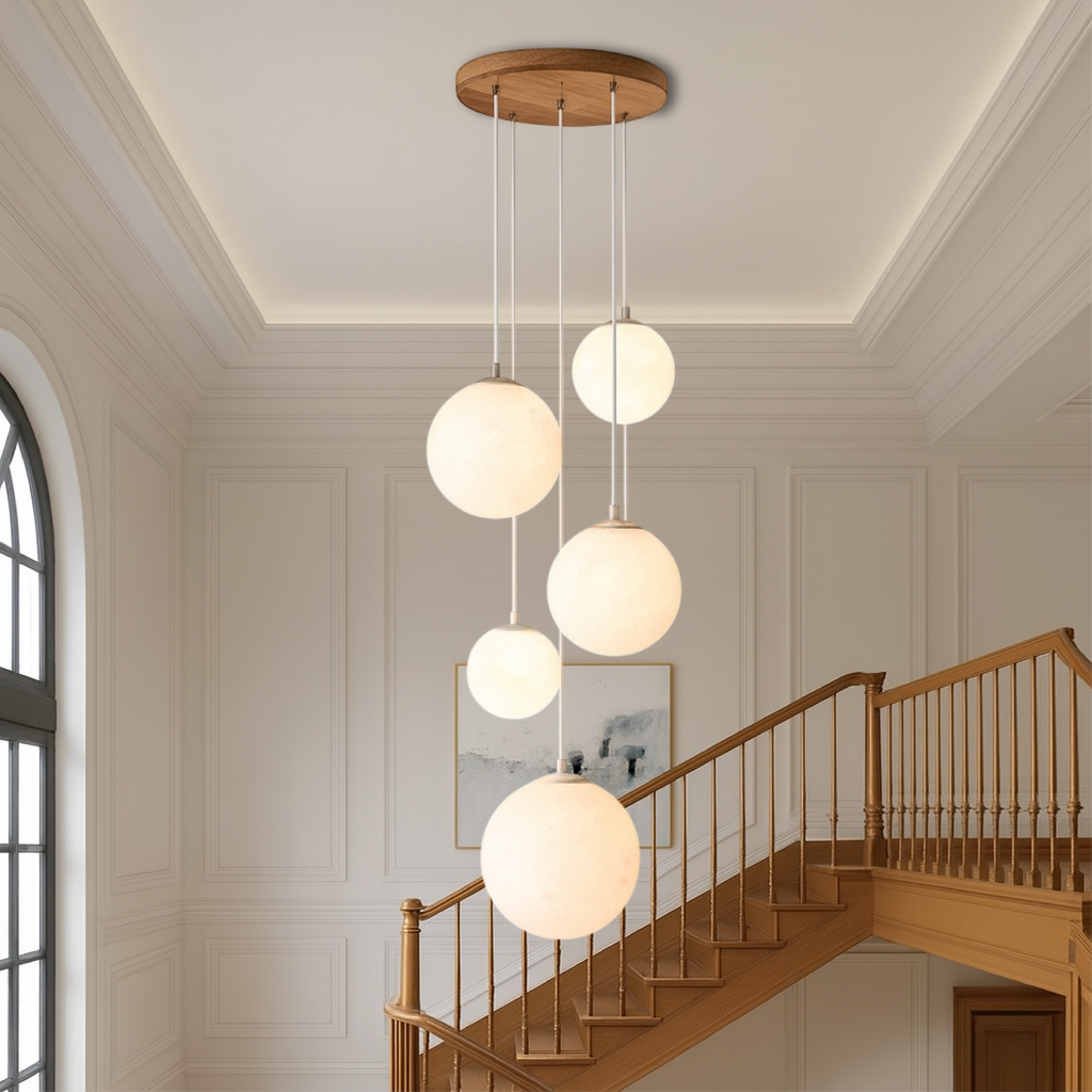 Scandinavian Staircase Chandelier | Floating Glass Sphere Cluster