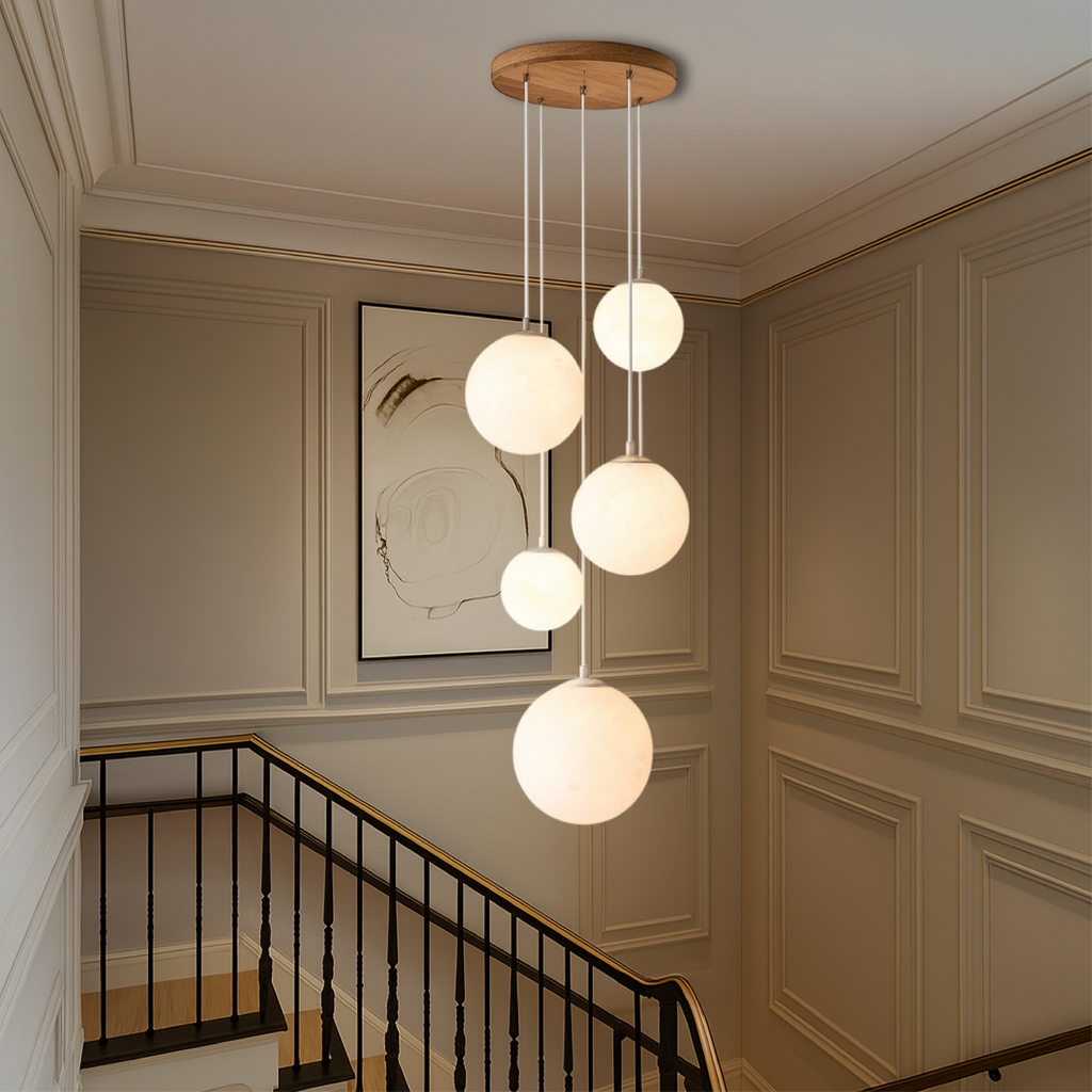 Scandinavian Staircase Chandelier | Floating Glass Sphere Cluster