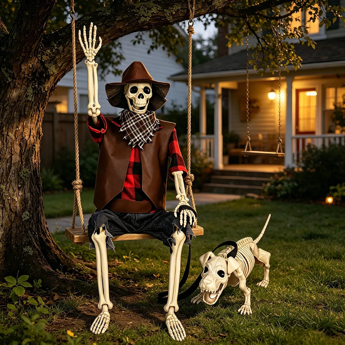 36 Inch Posable Cowboy Skeleton and Dog Halloween Decoration Set