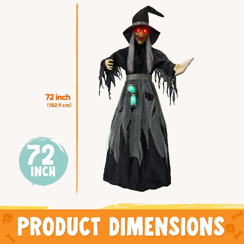 72 Inch Animated Witch with Spellbook Halloween Prop, Red Eyes