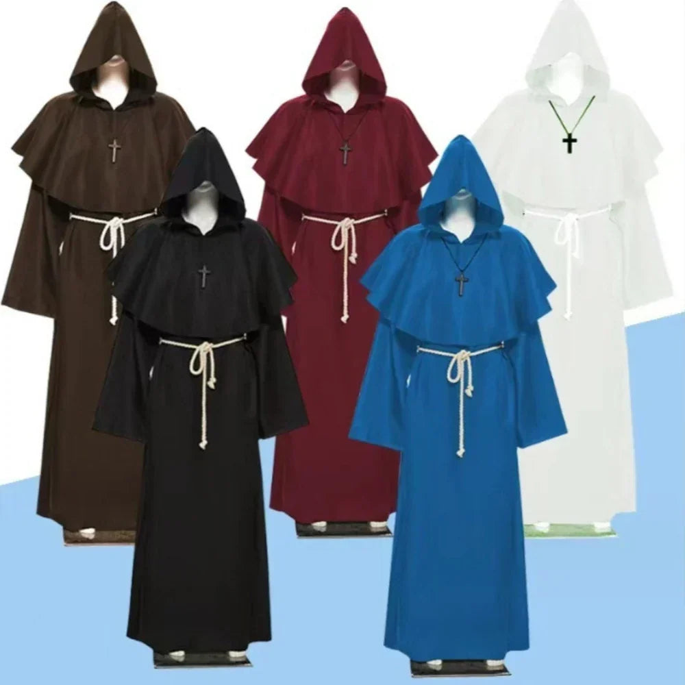 Hooded Monk Friar Robe Costume with Rope Belt, Unisex Adult