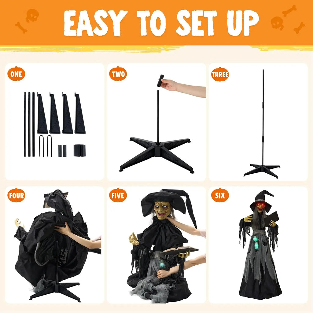 72 Inch Animated Witch with Spellbook Halloween Prop, Red Eyes
