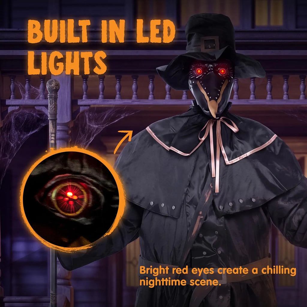 74.8 Inch Animatronic Plague Doctor Halloween Prop with LED Lantern