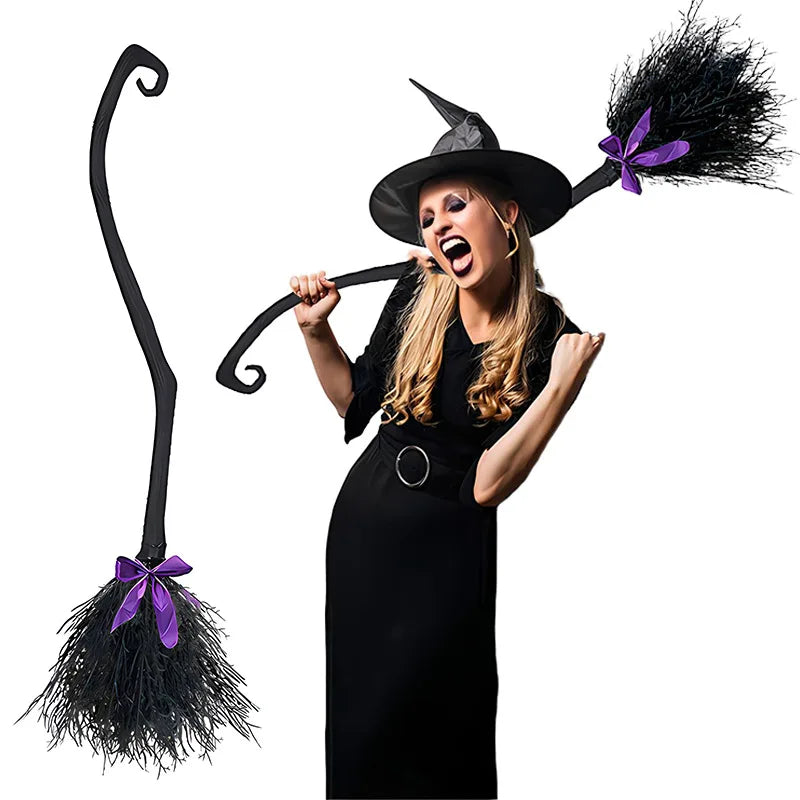 Halloween Witch Broom Costume Prop with Colorful Ribbons, Black
