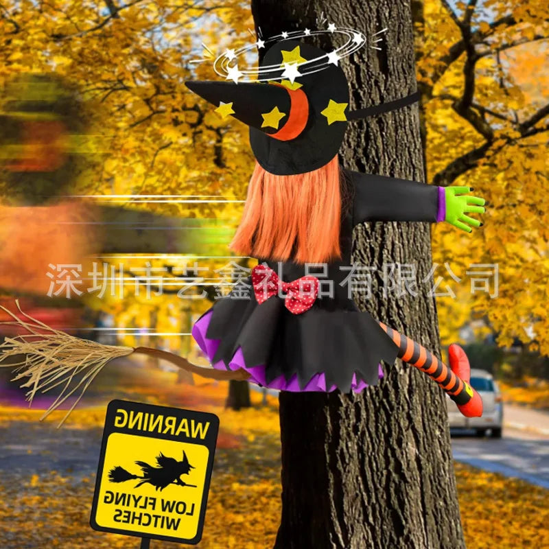 Crashing Witch Into Tree Halloween Decoration, Funny Yard Prop