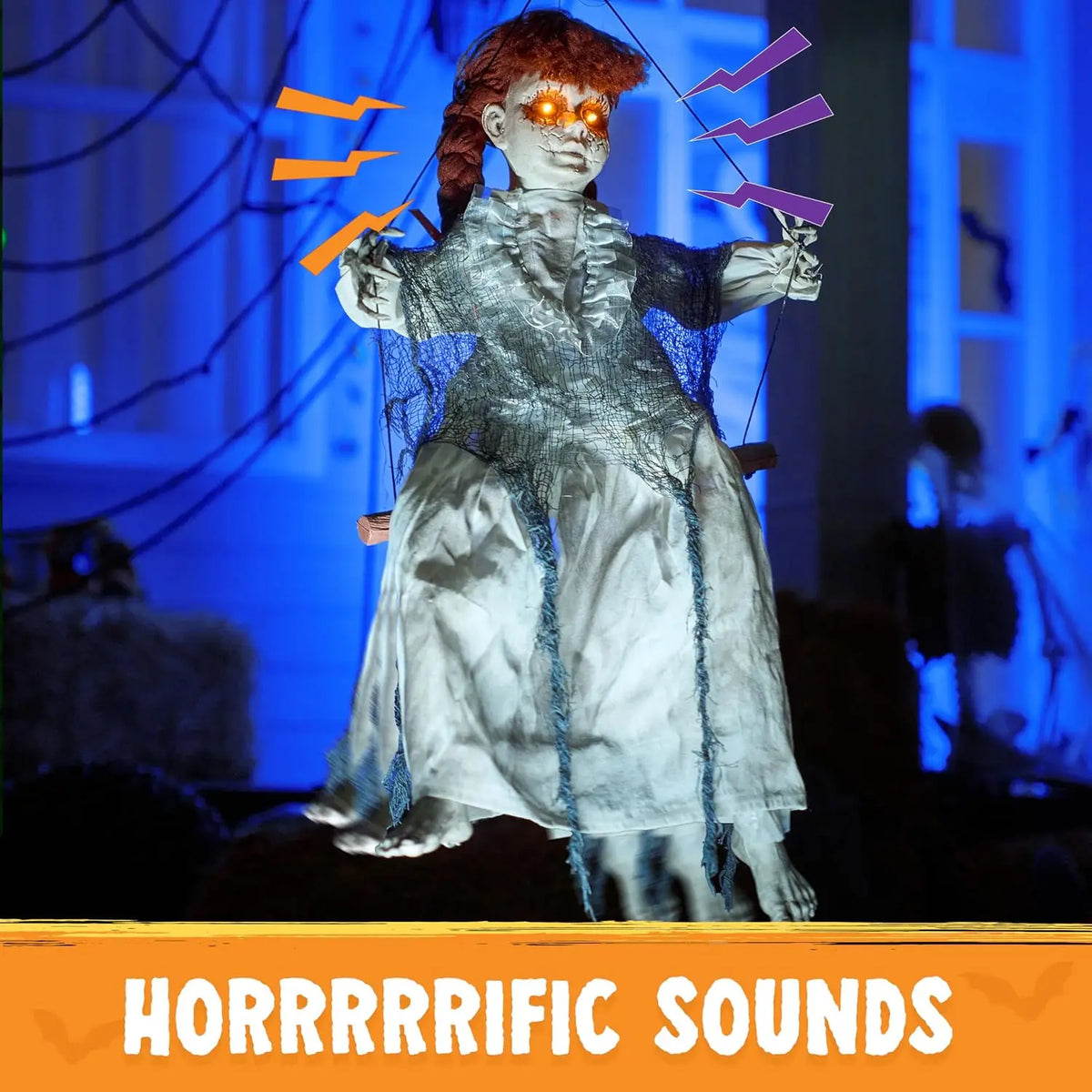 Animated Hanging Swing Girl Halloween Prop with Light-Up Eyes