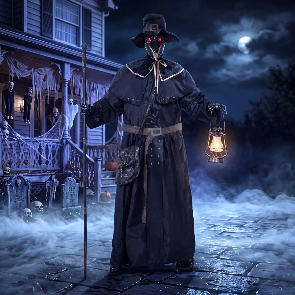 74.8 Inch Animatronic Plague Doctor Halloween Prop with LED Lantern