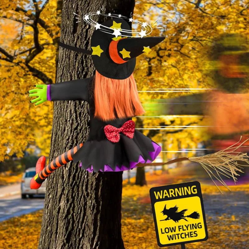 Crashing Witch Into Tree Halloween Decoration, Funny Yard Prop