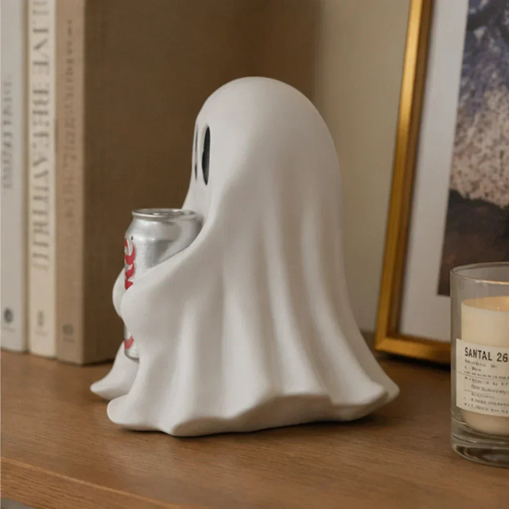 Ghost Holding Soda Can Resin Figurine, Funny Halloween Desk Decor
