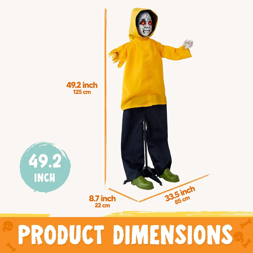 49 Inch Animatronic Raincoat Boy Halloween Prop with Glowing Eyes
