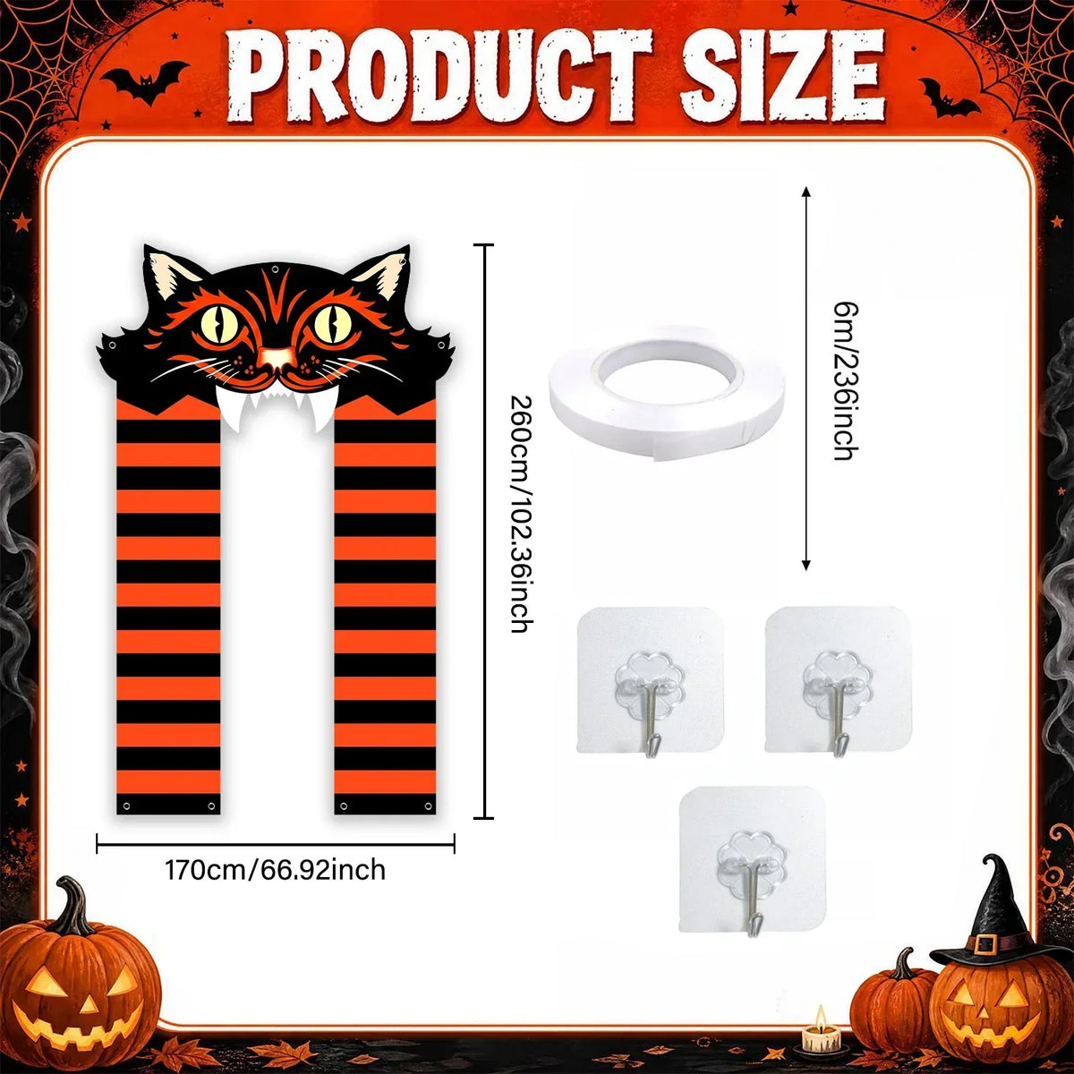 Black Cat Halloween Door Curtain, Orange and Black Striped Banner