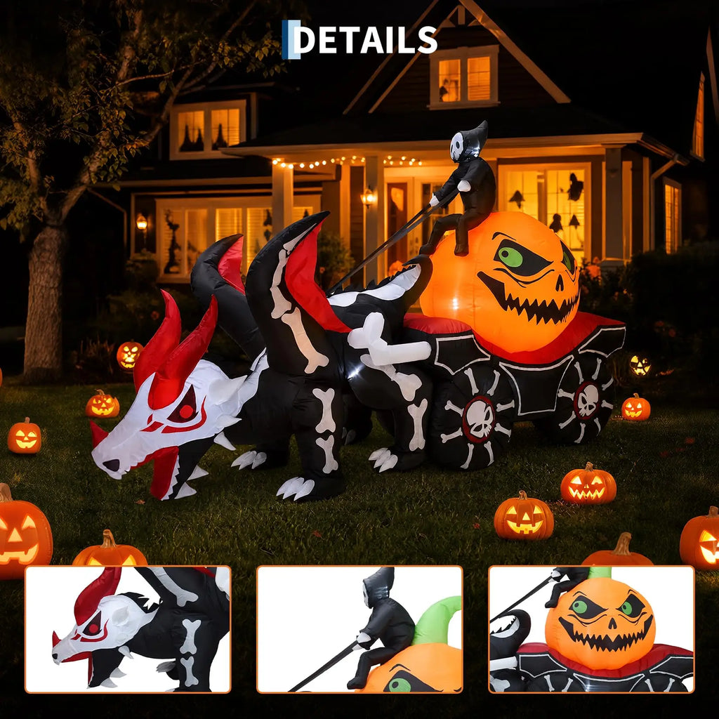 12 ft Halloween Inflatable Grim Reaper Dragon Carriage with LEDs