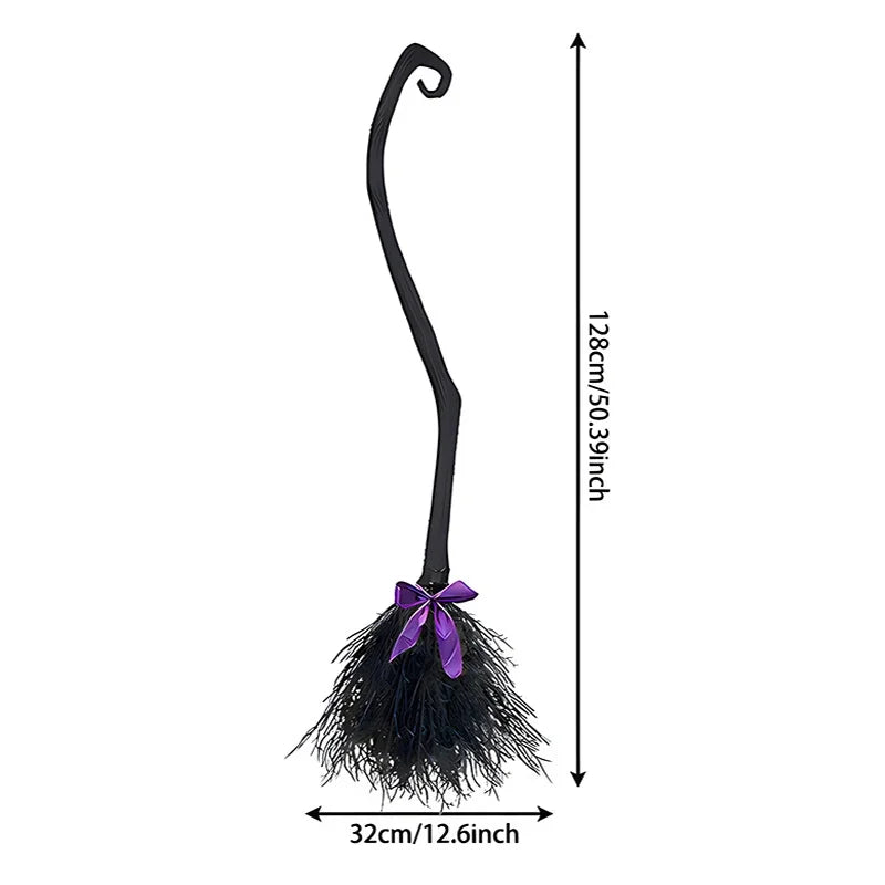 Halloween Witch Broom Costume Prop with Colorful Ribbons, Black