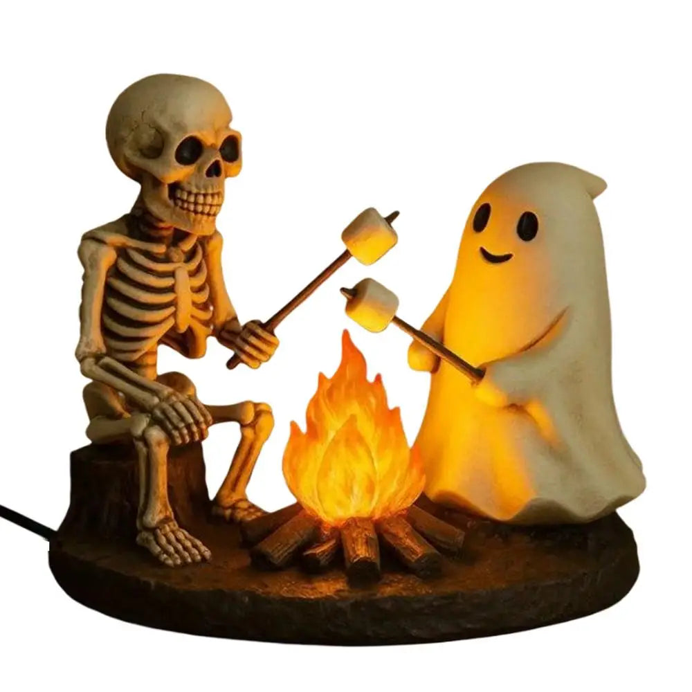 Skeleton and Ghost Campfire Night Light, Halloween Resin Lamp