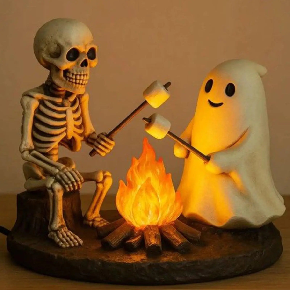 Skeleton and Ghost Campfire Night Light, Halloween Resin Lamp
