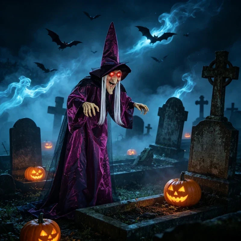71 Inch Animatronic Witch Halloween Prop, Sound-Activated Red Eyes
