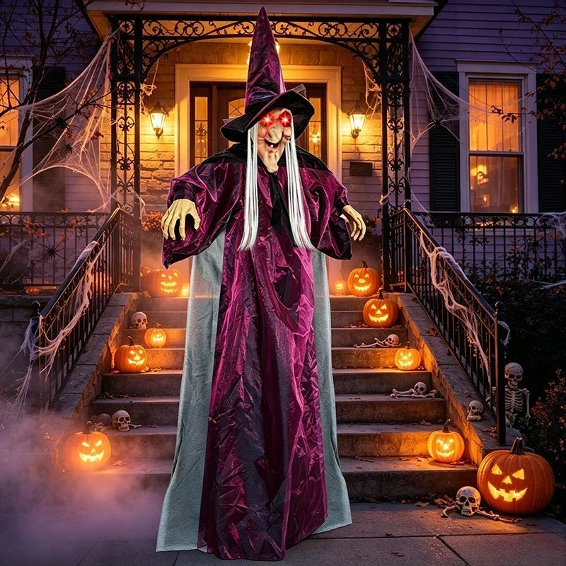 71 Inch Animatronic Witch Halloween Prop, Sound-Activated Red Eyes