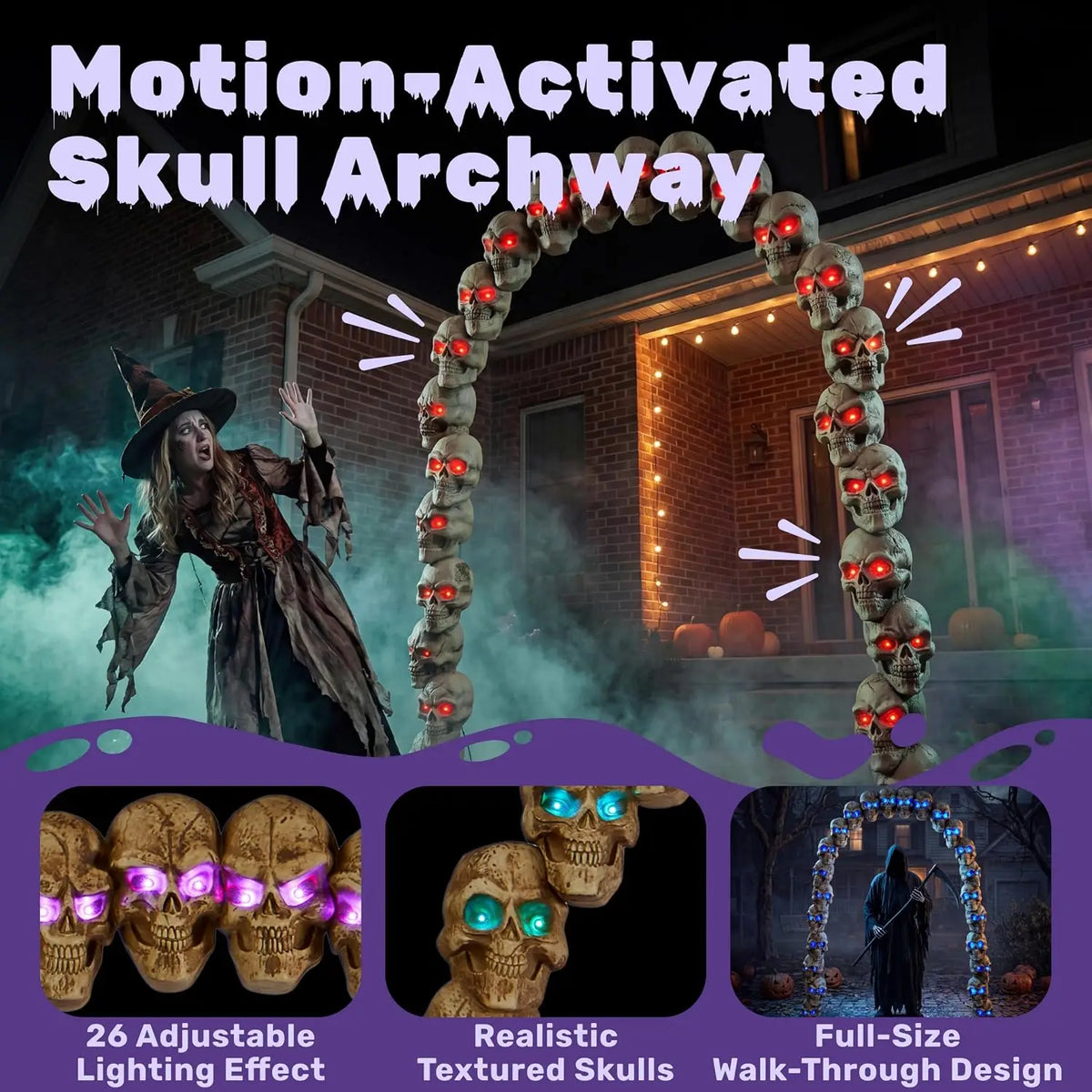 7.2 ft Halloween Skull Archway with RGB LED Lights and Motion Sensor