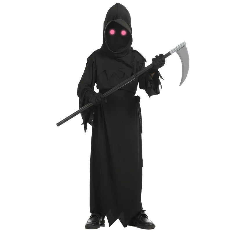 Kids Grim Reaper Halloween Costume with Red Eyes, Robe and Scythe