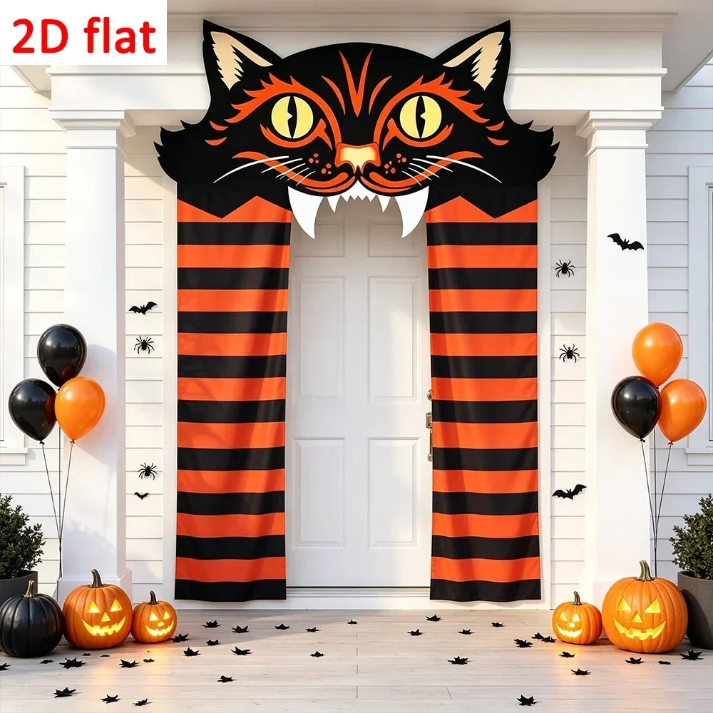 Black Cat Halloween Door Curtain, Orange and Black Striped Banner