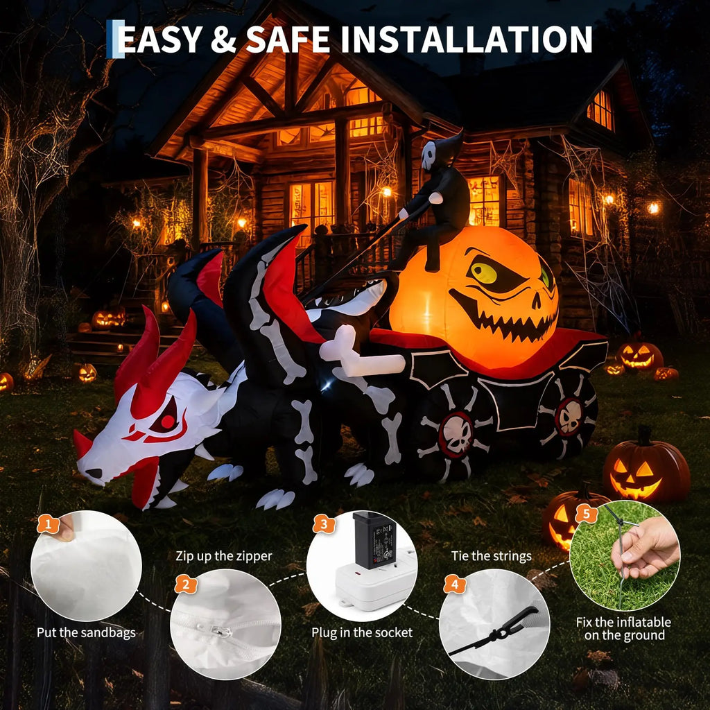 12 ft Halloween Inflatable Grim Reaper Dragon Carriage with LEDs