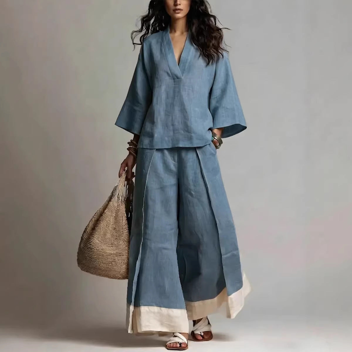 Riafu Women's Cotton-Linen V-Neck Three-Quarter Sleeve Shirt and Wide-Leg Pants Set
