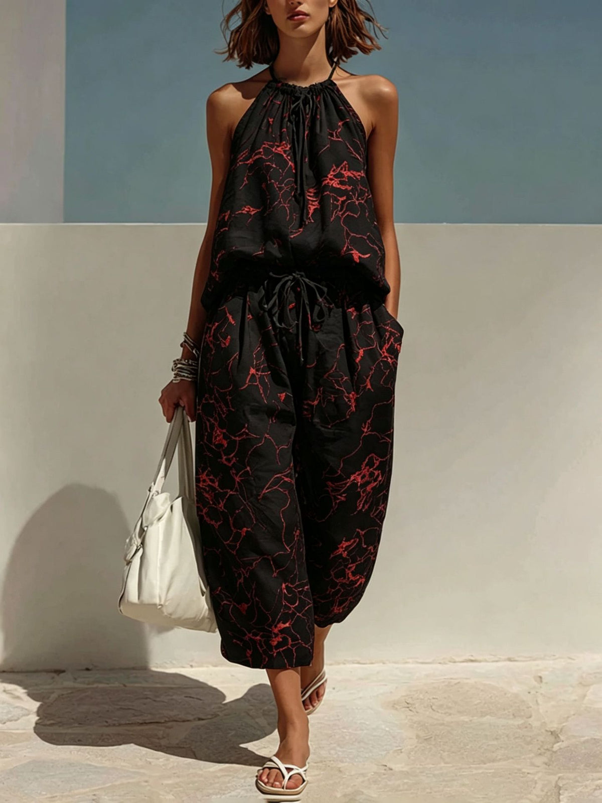 Riafu Minimalist Digital-Print Backless Camisole and Cropped Wide-Leg Pants Set
