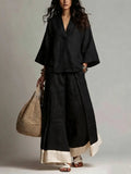 Riafu Women's Cotton-Linen V-Neck Three-Quarter Sleeve Shirt and Wide-Leg Pants Set