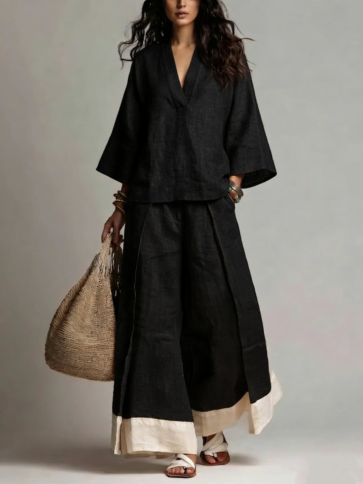 Riafu Women's Cotton-Linen V-Neck Three-Quarter Sleeve Shirt and Wide-Leg Pants Set