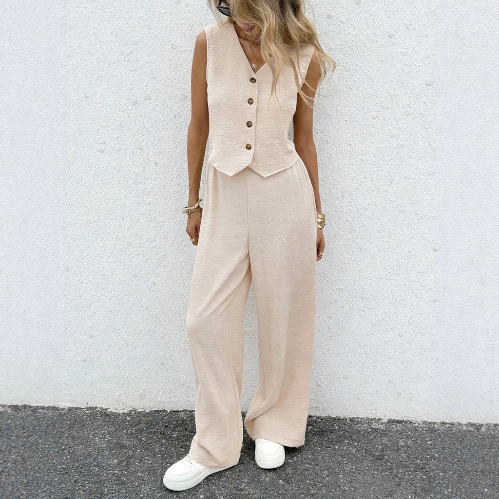 Riafu Women's Casual Front-Button Vest and Full-Length Trousers Two-Piece Set