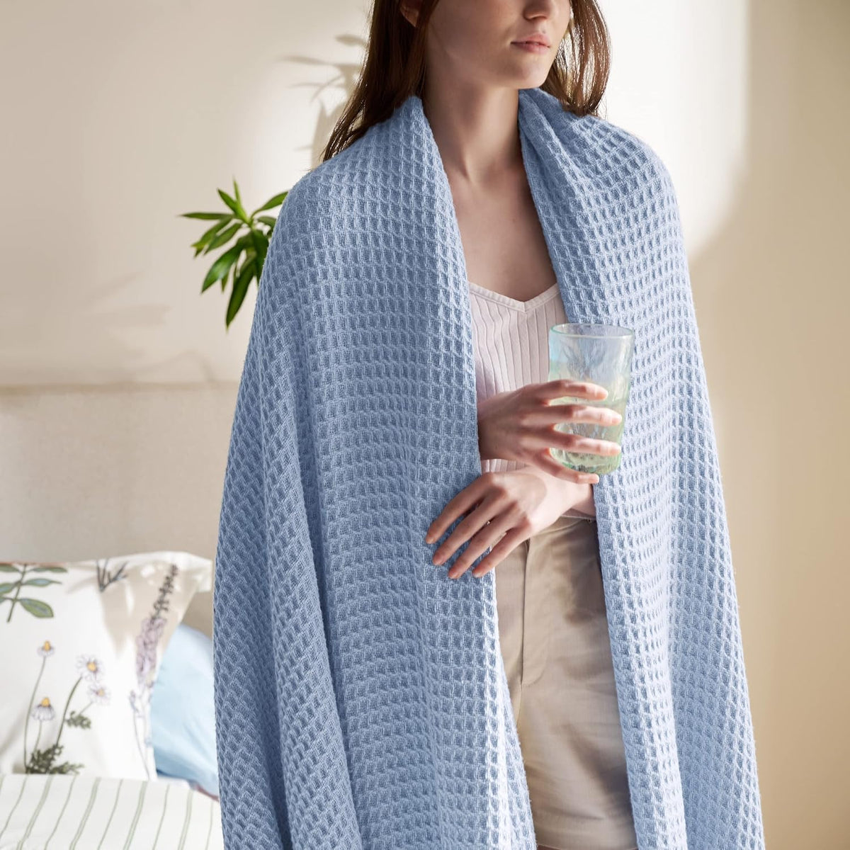 Riafu – 100% Cotton Queen Blanket with Cooling Waffle Weave | Soft & Breathable for Summer Comfort