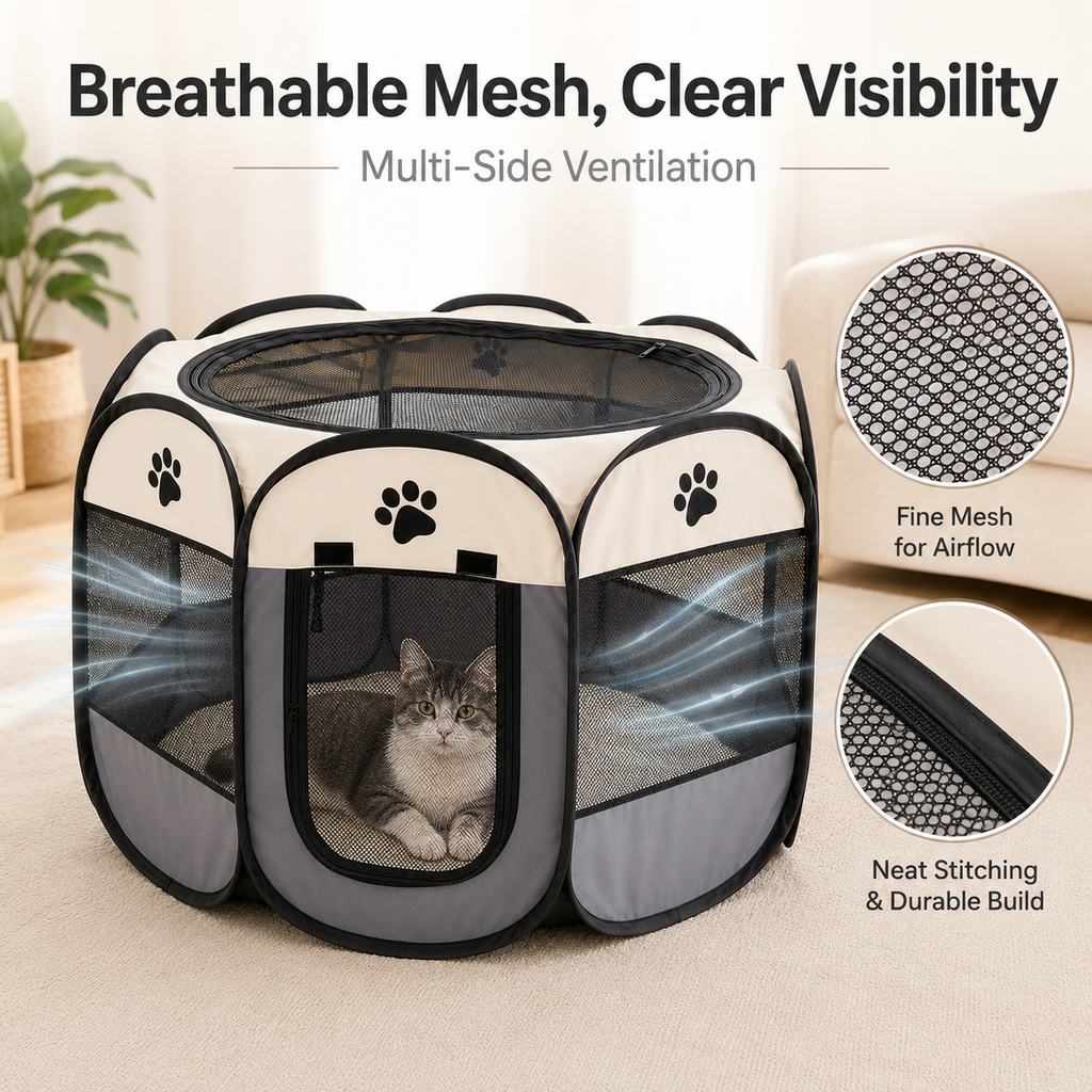 Portable Foldable Dog & Cat Playpen for Home, Travel & Camping - Breathable Space-Saving Pet Pen with Carry Bag