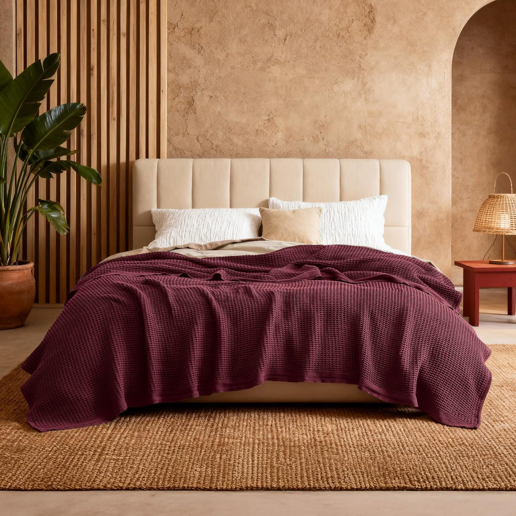 Riafu – 100% Cotton Queen Blanket with Cooling Waffle Weave | Soft & Breathable for Summer Comfort