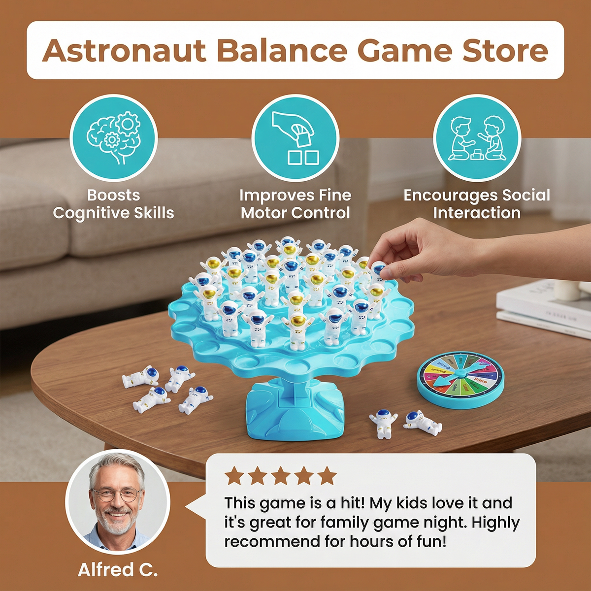 Astronaut Stacking Game with Spinner and Dice, Space Themed Figures