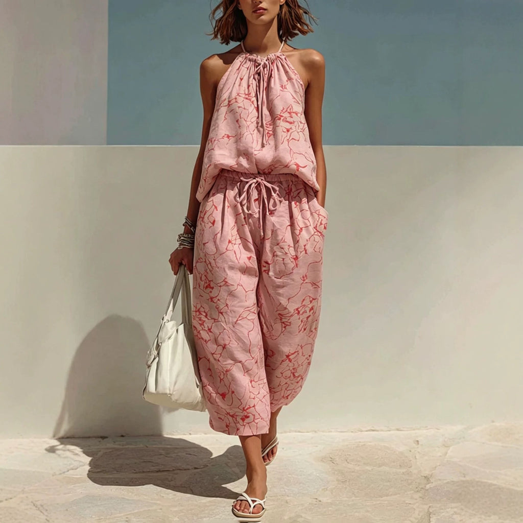 Riafu Minimalist Digital-Print Backless Camisole and Cropped Wide-Leg Pants Set